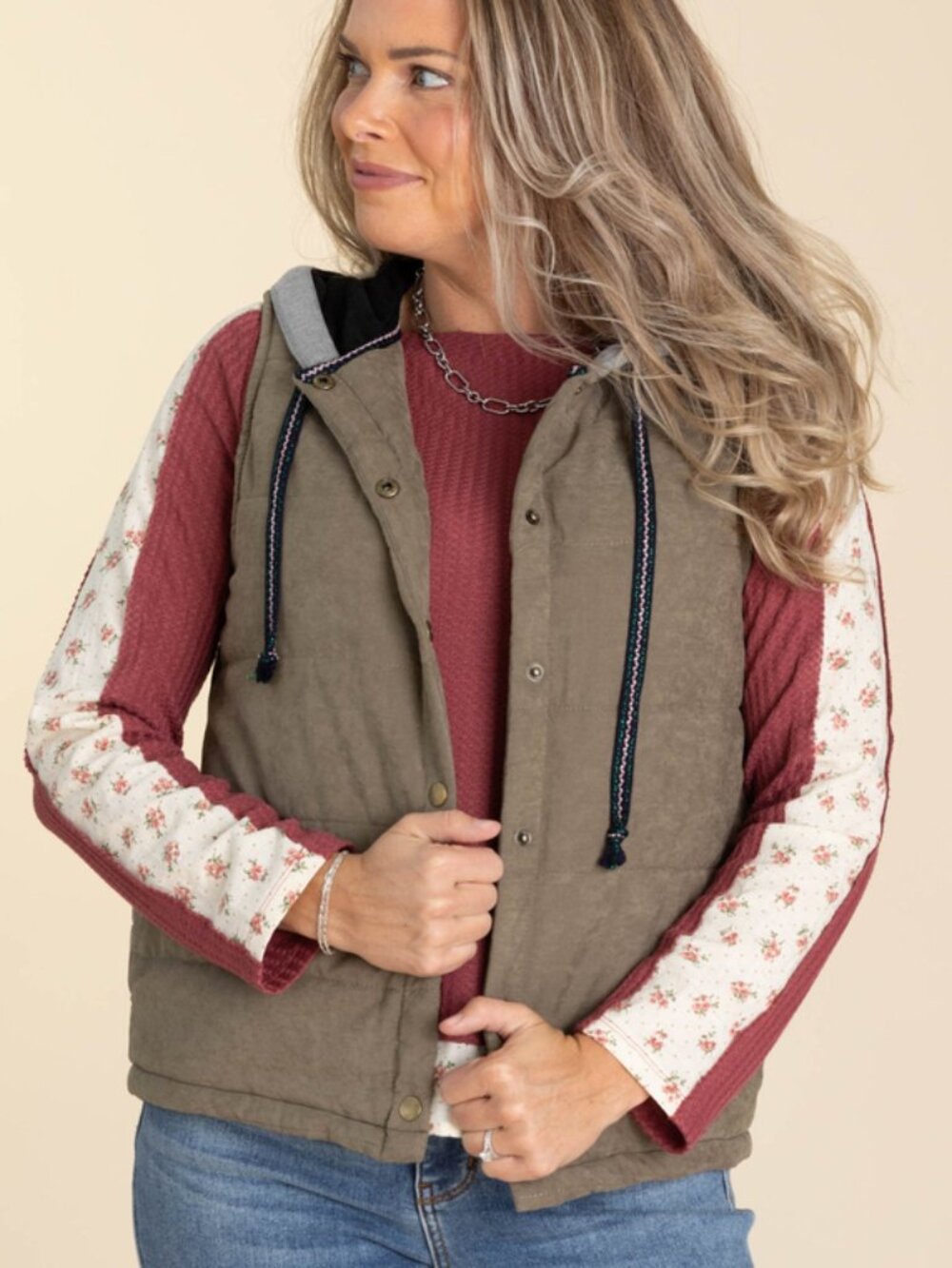 NWT Dark Heathered Olive Vest With Knit Hood - Large